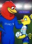  2018 anthro avian beak bird blonde_hair bludermaus blue_eyes breasts clothed clothing digital_drawing_(artwork) digital_media_(artwork) duo ettie feathers female fifa footix french_text hair hi_res male mascot open_mouth simple_background smile soccer sport text yellow_feathers 