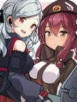  :d :o beret black_ribbon blue_jacket blush breasts brown_eyes brown_hat brown_jacket commentary girls_frontline hair_ribbon hat highres jacket long_hair looking_at_viewer looking_to_the_side medium_breasts multiple_girls ohshit open_mouth parted_lips pink_background pleated_skirt red_eyes red_hair red_skirt ribbon saiga-12_(girls_frontline) silver_hair skirt smile spas-12_(girls_frontline) star two-tone_background white_background 