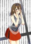 adjusting_eyewear alternate_costume bespectacled brown_eyes brown_hair cowboy_shot glasses hairband kantai_collection looking_at_viewer red_skirt see-through shiratsuyu_(kantai_collection) skirt solo striped striped_background suzuse twitter_username 