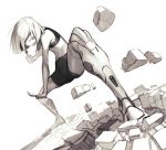  amrkdrw bare_arms bare_shoulders bike_shorts clenched_hand dutch_angle highres legs_apart monochrome navel open_mouth original outstretched_arm robot_joints short_hair simple_background solo standing white_background 