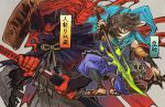  black_hair blue_scarf brown_eyes character_name drawing_sword fate/grand_order fate_(series) grey_background gupaon hair_over_one_eye japanese_clothes kisuke koha-ace male_focus multiple_boys no_pupils oboro_muramasa okada_izou_(fate) red_eyes roningasa scarf shaded_face shuriken simple_background skull sword weapon 