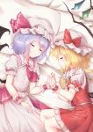  bat_wings bed_sheet blonde_hair blue_hair closed_eyes commentary flandre_scarlet hat holding_hands lying minust mob_cap multiple_girls nail_polish on_side pillow puffy_short_sleeves puffy_sleeves red_nails remilia_scarlet short_sleeves skirt skirt_set sleeping touhou wings wrist_cuffs 