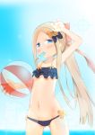  abigail_williams_(fate/grand_order) absurdres alternate_hairstyle arm_up ass_visible_through_thighs ball bangs bare_arms bare_shoulders beachball bikini black_bikini black_bow blue_eyes blue_sky blush bow collarbone commentary_request cowboy_shot day eyebrows_visible_through_hair fate/grand_order fate_(series) food food_in_mouth forehead hair_bow highres holding holding_ball horizon layered_bikini light_brown_hair long_hair mouth_hold navel ocean orange_bow outdoors parted_bangs polka_dot polka_dot_bow ponytail popsicle shading_eyes sidelocks sky solo sparkle su_guryu swimsuit transparent very_long_hair water 