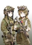  american_flag assault_rifle camouflage collared_shirt commentary_request eotech eyebrows_visible_through_hair gloves gun headphones heckler_&amp;_koch helmet hk416 laser_sight load_bearing_equipment load_bearing_vest long_hair looking_at_viewer magazine_(weapon) military military_operator multiple_girls night_vision_device ocp_(camo) original rifle shino_(r_shughart) shirt sling suppressor trigger_discipline weapon 