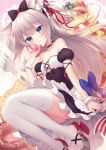  amane_kurumi american_flag animal_ears azur_lane bangs black_bow black_dress blue_eyes blueberry blush bow breasts cake commentary_request corset doughnut dress eating eyebrows_visible_through_hair food food_on_face fork fruit hair_bow hammann_(azur_lane) highres knife long_hair looking_at_viewer outstretched_arm red_ribbon ribbon silver_hair sitting skirt_hold small_breasts solo strawberry thighhighs thighs tsundere tsurime white_legwear wrist_cuffs 