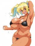  1girl arm_up armpits bikini blonde_hair blush breasts cleavage huge_breasts long_hair looking_at_viewer nitroplus open_mouth plump smile solo super_pochaco sweat twintails yellow_eyes 