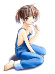  1girl barefoot brown_eyes brown_hair feet female hair_ribbon hand_between_legs looking_at_viewer naked_overalls norizou_type-r orange_ribbon overalls popsicle ribbon short_twintails sitting solo toes twintails wariza 