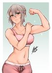  absurdres airisubaka arm_pump biceps breasts commentary elfi_(fire_emblem_if) eyebrows_visible_through_hair fire_emblem fire_emblem_if green_eyes grey_hair hair_bun highres midriff signature sports_bra toned 