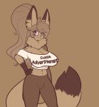  2018 advertisement anthro big_breasts breasts cleavage clothed clothing crop_top feline female freckles gamma_(scorpdk) hair intersex long_hair lynx mammal monochrome ponytail scorpdk shirt solo 