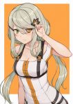  absurdres adjusting_hair arm_at_side artificial_eye bangs bare_shoulders black_sclera blush braid breasts buckle cleavage closed_mouth collarbone commentary dress eyebrows_visible_through_hair girls_frontline green_eyes hair_ornament hairclip harness heterochromia highres huge_filesize leaning_forward long_hair looking_at_viewer low_twintails medium_breasts mismatched_sclera orange_background outside_border short_dress sidelocks simple_background solo strap strapless strapless_dress symbol-shaped_pupils tac-50_(girls_frontline) terras twintails upper_body yellow_eyes zipper 