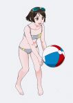  :d ball bare_arms bare_legs bare_shoulders barefoot beachball breasts brown_hair collarbone commentary film_grain full_body goggles goggles_on_head grey_background hair_strand hitting kantai_collection leaning_forward navel ojipon open_mouth orange_eyes serious short_hair simple_background small_breasts smile solo swimsuit symbol_commentary tanikaze_(kantai_collection) tankini tareme toes upper_teeth v-shaped_eyebrows v_arms very_short_hair 