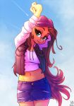  2018 anthro atryl beanie blue_background breasts brown_hair clothed clothing collaboration denim earth_pony equine eyebrows eyelashes fan_character female fully_clothed green_eyes hair hat horse long_hair looking_at_viewer mammal midriff my_little_pony navel outside pony portrait pose pumpkin_lily shirt siden signature simple_background skirt sky smile solo standing three-quarter_portrait vest 