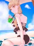  alternate_hairstyle ass back bags_under_eyes bangs bare_shoulders beach beach_towel bikini black_bikini blonde_hair blue_sky blunt_bangs boku_no_hero_academia day drink drinking_straw eyebrows_visible_through_hair frilled_bikini_top hair_behind_ear hair_down halter_top halterneck long_hair looking_at_viewer looking_back mizuki_mau sky solo straight_hair striped_bikini_top swimsuit toga_himiko towel yellow_eyes 