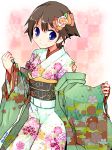  alternate_costume blue_eyes brown_hair checkered checkered_background cowboy_shot flipped_hair floral_print flower hair_flower hair_ornament hiei_(kantai_collection) japanese_clothes kanoe_soushi kantai_collection kimono looking_at_viewer short_hair smile solo standing twitter_username unmoving_pattern white_kimono 