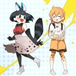  adapted_costume animal_ears animal_print backpack bag bare_shoulders belt black_hair blonde_hair blush boots color_switch commentary cosplay elbow_gloves gloves hat hat_removed headwear_removed helmet high-waist_skirt kaban_(kemono_friends) kemono_friends loafers multiple_girls no_animal_ears pantyhose pith_helmet serval_(kemono_friends) serval_print shirt shoes short_hair shorts skirt sleeveless smile standing standing_on_one_leg t-shirt tail thighhighs wagiyabosa_jirou 