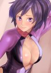  ayame_(gundam_build_divers) black_hair breasts cleavage commentary_request diving_suit fujisawa_aya_(gundam_build_divers) gundam gundam_build_divers highres kilye_4421 large_breasts lips long_hair open_clothes purple_eyes shiny shiny_skin side_ponytail solo 