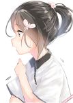  bangs black_hair blush brown_eyes butterfly_hair_ornament collared_shirt commentary eyebrows_visible_through_hair hair_cubes hair_ornament highres long_hair open_mouth original ponytail profile shirt short_sleeves simple_background solo white_background white_shirt yuki_arare 