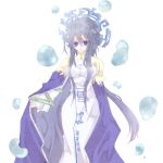  1girl bangs black_hair blue_cape blue_eyes blush breasts bubble cape chiyo_yoshikawa dress hair_between_eyes houshin_engi large_breasts long_hair long_sleeves robe ryuukitsu_koushu water white_background white_dress wide_sleeves 