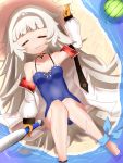  &gt;_&lt; azur_lane bandana bare_shoulders baseball_bat beach blue_swimsuit blush breasts choker closed_eyes closed_mouth collared_jacket commentary_request covered_navel expressions food fruit gloves hat highres holding_baseball_bat iron_cross jacket knees_up leg_hug long_hair lying mole mole_under_eye necktie on_back open_clothes open_jacket outdoors red_collar sakura1704 sand shiny shiny_skin silver_hair small_breasts solo straw_hat sun_hat swimsuit very_long_hair water watermelon wavy_mouth wet wet_clothes white_hair white_jacket yellow_eyes yellow_gloves z46_(azur_lane) 
