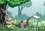  2018 antlers cuddling detailed_background discord_(mlp) draconequus duo equine fangs female feral fluttershy_(mlp) friendship_is_magic grass horn inuhoshi-to-darkpen lying male mammal my_little_pony pegasus raining tree wings 