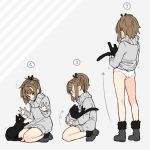  1girl artist_request ass brown_hair cat from_behind holding kneeling left-to-right_manga open_mouth panties ponytail sequential shirt_lift standing underwear 