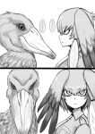  1girl 2koma animal bangs bird closed_mouth collared_shirt comic commentary eyebrows_visible_through_hair frown greyscale hair_tie head_wings hikyakuashibi kemono_friends long_hair looking_at_another looking_at_viewer monochrome necktie shirt shoebill shoebill_(kemono_friends) side_ponytail silent_comic spoken_ellipsis staring v-shaped_eyebrows v-shaped_eyes 