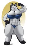  2018 anthro armello badroy big_breasts black_fur breasts canine clothed clothing digital_media_(artwork) female fur grey_fur hi_res looking_at_viewer magna_(armello) mammal muscular simple_background solo standing thick_thighs video_games wolf yellow_eyes 