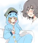  2girls abenattou akiyama_yukari arm_behind_back bench blonde_hair blue_pajamas brown_eyes brown_hair commentary cropped_neck day erwin_(girls_und_panzer) girls_und_panzer green_hat hat hippopotamus_costume kuso_miso_technique long_sleeves medal messy_hair military_hat multiple_girls onesie outdoors park_bench peaked_cap sketch sweatdrop unbuttoning yaranaika 