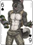  2018 abs anthro canine card clothed clothing digital_media_(artwork) dog dog_tags english_text explosives fonyaa fur grey_fur hair husky male mammal military muscular muscular_male navel nipples pants partially_clothed pecs playing_card simple_background smile solo standing text tongue tongue_out topless uniform 
