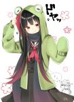  1girl :d abe_suke animal_hood arm_up black_hair black_sailor_collar black_scarf black_serafuku black_shirt black_skirt blush closed_eyes closed_mouth commentary_request fate/grand_order fate_(series) frog_eyes frog_hood gradient_hair green_jacket hat highres hood hood_up hooded_jacket jacket long_hair long_sleeves multicolored_hair neckerchief open_clothes open_jacket open_mouth oryou_(fate) pleated_skirt puffy_long_sleeves puffy_sleeves red_eyes red_hair red_neckwear sailor_collar sakamoto_ryouma_(fate) scarf school_uniform serafuku shirt simple_background skirt sleeves_past_fingers sleeves_past_wrists smile smug solo_focus sparkle spoken_sweat torn_clothes torn_neckerchief very_long_hair white_background 