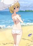  artist_name ass back bangs beach bikini blonde_hair blue_eyes braid butt_crack closed_mouth cloud cloudy_sky commentary_request cowboy_shot darjeeling dated day eyebrows_visible_through_hair from_behind girls_und_panzer holding holding_umbrella kneepits looking_at_viewer looking_back ocean outdoors parasol sakayaya short_hair shoulder_blades signature sky smile solo standing swimsuit thighs tied_hair umbrella waves white_bikini white_umbrella 