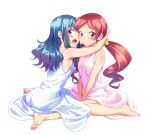  :d bare_arms barefoot blue_eyes blue_hair breasts closed_mouth dress eyebrows_visible_through_hair feet hanasaki_tsubomi heartcatch_precure! henshin highres hug kurumi_erika long_hair looking_at_viewer multiple_girls open_mouth pink_dress precure red_eyes red_hair short_hair sideboob simple_background sitting sleeveless sleeveless_dress smile tenkuu_nozora twintails white_background 