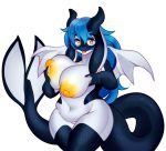  2018 anthro aquarius_(scalier) big_breasts blue_hair breasts cetacean dragon female hair hand_on_breast horn hybrid looking_at_viewer mammal marine nipples nude open_mouth orca raikissu solo teeth tongue whale wide_hips wings 