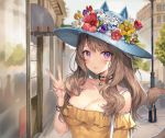  animal_ears animal_hat bag bare_shoulders black_choker blurry blurry_background blush bracelet breasts brown_hair cat_ears cat_girl cat_hat cat_tail choker cleavage collarbone depth_of_field eyebrows_visible_through_hair facial_mark final_fantasy final_fantasy_xiv fingernails flower hand_up hat hat_flower jewelry large_breasts long_hair looking_at_viewer md5_mismatch miqo'te momoko_(momopoco) nail_polish off-shoulder_shirt orange_shirt outdoors parted_lips pendant pink_nails purple_eyes purple_flower red_flower shirt shoulder_bag sidelocks slit_pupils smile solo sun_hat tail upper_body v white_flower yellow_flower 