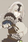  armor armored_dress bazelgeuse_(armor) belt breastplate breasts clenched_teeth commentary eyebrows_visible_through_hair fate/grand_order fate_(series) from_side fur_trim gauntlets grin hashimoto_(frog_flag) headpiece holding holding_sword holding_weapon jeanne_d'arc_(alter)_(fate) jeanne_d'arc_(fate)_(all) large_breasts looking_at_viewer monster_hunter monster_hunter:_world reverse_grip silver_hair smile sword teeth weapon yellow_eyes 