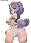  ass bow bow_legwear breasts brown_hair cat_girl cat_tail cinnamon_(sayori) commentary eyebrows_visible_through_hair from_behind gao_(gaolukchup) green_bow leaning_forward long_hair looking_at_viewer looking_back maid_headdress nekopara nipples panties ponytail puffy_short_sleeves puffy_sleeves purple_eyes ribbon-trimmed_clothes ribbon_trim short_sleeves simple_background solo tail tail_bow tail_ornament thighhighs underwear white_background white_panties 