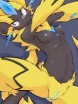  anthro black_fur blue_eyes blue_nipples breasts female fur multicolored_fur nintendo nipples nude pok&eacute;mon pok&eacute;mon_(species) pussy solo tokumori_kaisen video_games yellow_fur zeraora 