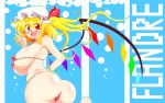  ass bikini blonde_hair blue_background blush breasts character_name fang flandre_scarlet glasses hand_on_hip hat highres large_breasts open_mouth red_eyes rindou_(p41neko) side_ponytail solo striped striped_background swimsuit touhou v wings 