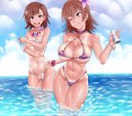  alcohol beach beer bikini blue_sky blush breasts brown_eyes brown_hair cleavage cloud collarbone commentary covering covering_breasts day drink embarrassed english_commentary eyebrows_visible_through_hair eyepatch_bikini flower hair_flower hair_ornament highres holding large_breasts mature micro_bikini misaka_mikoto misaka_misuzu mother_and_daughter multiple_girls navel one_eye_closed outdoors sereneandsilent shiny shiny_hair shiny_skin sky small_breasts smile stomach summer swimsuit tan tanline thighs to_aru_kagaku_no_railgun to_aru_majutsu_no_index water wet 