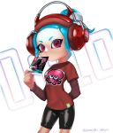  aqua_hair arm_behind_back bike_shorts black_footwear closed_mouth commentary cowboy_shot emblem english headphones highres holding light_frown long_sleeves looking_at_viewer makeup mascara meta octoling octopus puchiman red_eyes red_shirt shirt short_hair short_over_long_sleeves short_ponytail short_sleeves solo splatoon_(series) splatoon_2 splatoon_2:_octo_expansion standing t-shirt tentacle_hair twitter_username white_background 