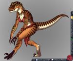  anthro anthrosaurs breasts choker claws clothing dinosaur female jewelry loincloth meeka_(raptor) navel predaguy raptor scalie stripes theropod toe_claws 