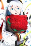  aqua_eyes azur_lane blue_eyes bouquet cape check_translation confetti cross cross_earrings earrings flower german gloves hat jewelry looking_at_viewer military_hat mugino_kouji open_mouth proposal ring rose short_hair solo tirpitz_(azur_lane) translation_request white_background white_gloves white_hair 