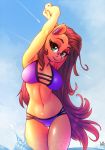  2018 anthro atryl beach bikini blue_background breasts brown_hair clothed clothing collaboration ear_piercing earth_pony equine eyebrows eyelashes fan_character female green_eyes hair horse long_hair looking_at_viewer mammal my_little_pony navel outside piercing pony portrait pose pumpkin_lily seaside siden signature simple_background sky smile solo standing swimsuit three-quarter_portrait water 