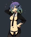  1girl blue_hair blush breast_cutout breasts crotchless detached_collar female gradient_hair navel_piercing necktie ootorii_bisetsu open_mouth revealing_clothes solo suit 