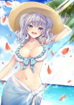  armpits beach bikini blue_bikini_bottom blue_eyes blush breasts cleavage cloud collarbone day falling_leaves frilled_bikini frills front-tie_bikini front-tie_top hakui_ami hand_on_headwear hat highres kantai_collection kashima_(kantai_collection) large_breasts leaf looking_at_viewer medium_hair navel ocean open_mouth outdoors sarong side-tie_bikini silver_hair solo sparkle sun_hat swimsuit teeth tree twintails upper_body white_bikini_top 