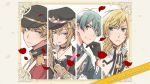  aqua_eyes bangs black_gloves blonde_hair blue_hair brown_bess_(senjuushi) charleville_(senjuushi) choker commentary_request end_card frown gauntlets gloves green_eyes hat high_collar highres kentucky_(senjuushi) kinoshita_sakura male_focus military military_uniform multiple_boys official_art one_eye_closed peaked_cap petals pink_eyes senjuushi:_the_thousand_noble_musketeers short_hair short_twintails smile springfield_(senjuushi) twintails uniform yellow_eyes 