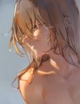  bangs breasts brown_hair cleavage collarbone commentary_request eyebrows_visible_through_hair girls_frontline green_eyes grey_background hair_between_eyes large_breasts long_hair looking_away m1903_springfield_(girls_frontline) messy_hair parted_lips profile shuzi sidelocks simple_background solo topless water_drop wet wet_hair 
