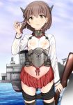  bike_shorts black_legwear bow_(weapon) breasts brown_eyes brown_hair cowboy_shot crossbow flat_chest hair_between_eyes hand_in_hair headgear kantai_collection looking_at_viewer loose_skirt nipples no_panties open_mouth pleated_skirt red_skirt see-through short_hair shorts shorts_removed signature skirt small_breasts smile solo taihou_(kantai_collection) thighhighs weapon wet wet_clothes yamasaki_wataru 