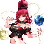  alternate_eye_color alternate_hair_color black_shirt breasts chain cleavage clothes_writing collar earth_(ornament) eyelashes gold_chain half-closed_eyes hand_up head_tilt hecatia_lapislazuli looking_at_viewer medium_breasts moon_(ornament) navel_piercing off-shoulder_shirt piercing pink_eyes pink_hair pink_lips pointy_ears raptor7 shadow shirt short_sleeves sideways_glance simple_background smile solo touhou upper_body white_background 