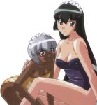  2girls :d arm arm_support bare_arms bare_legs bare_shoulders black_hair blue_swimsuit blush_stickers breasts c: cleavage closed_mouth collarbone dark_skin female hanaukyou_maid_tai highres hug leg_grab legs leotard long_hair looking_at_viewer maid maid_headdress multiple_girls neck open_mouth sanae_yashima shiny shiny_hair shiny_skin short_hair silver_hair simple_background sitting small_breasts strapless strapless_leotard strapless_swimsuit swimsuit tsurugi_konoe white_background yellow_swimsuit yuri 